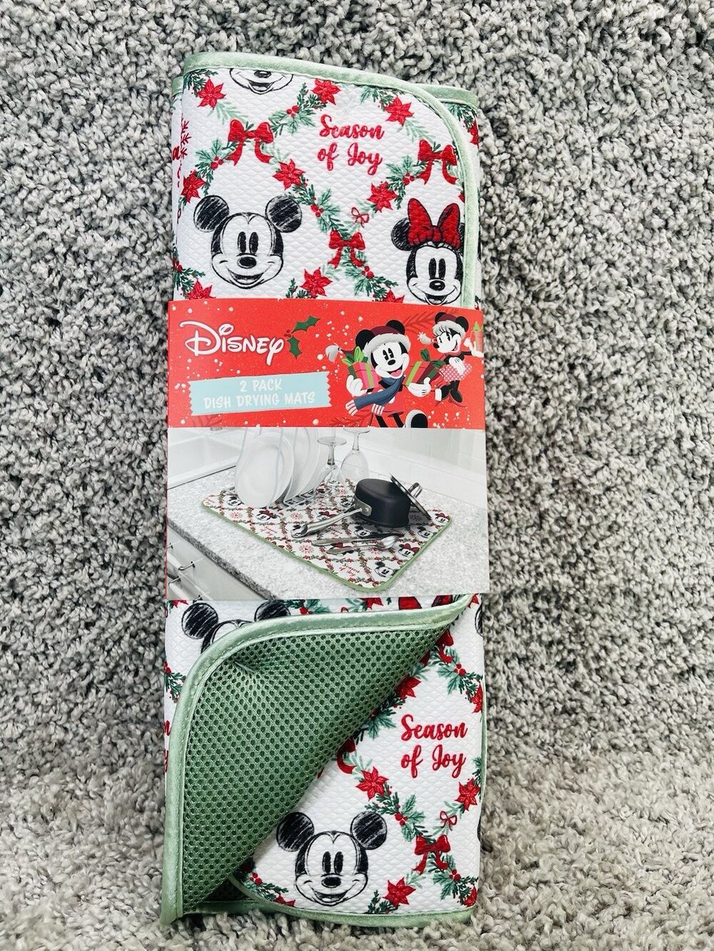 2 Pk Disney Mickey Minnie Dish Drying Mats 16" x 18" Christmas Wreath Holiday